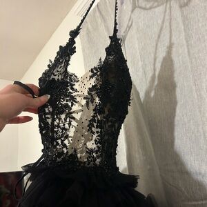 Sherri Hill Black Floral Lace Prom Dress